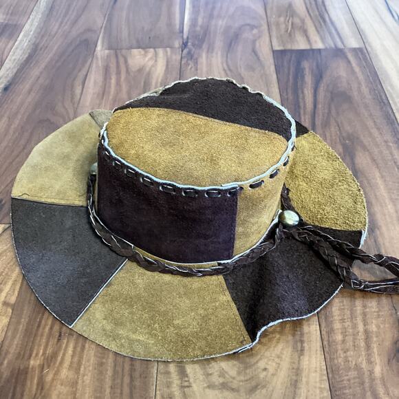 Vintage Suede Leather Patchwork Hat Hippie Western Boho 1970s Cowgirl Floppy main image 4